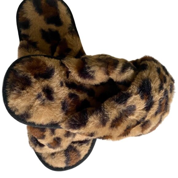 Fuzzy Cross Band Animal Print Open Toe Slippers Memory Foam Women's Medium 7-8 - Picture 3 of 11